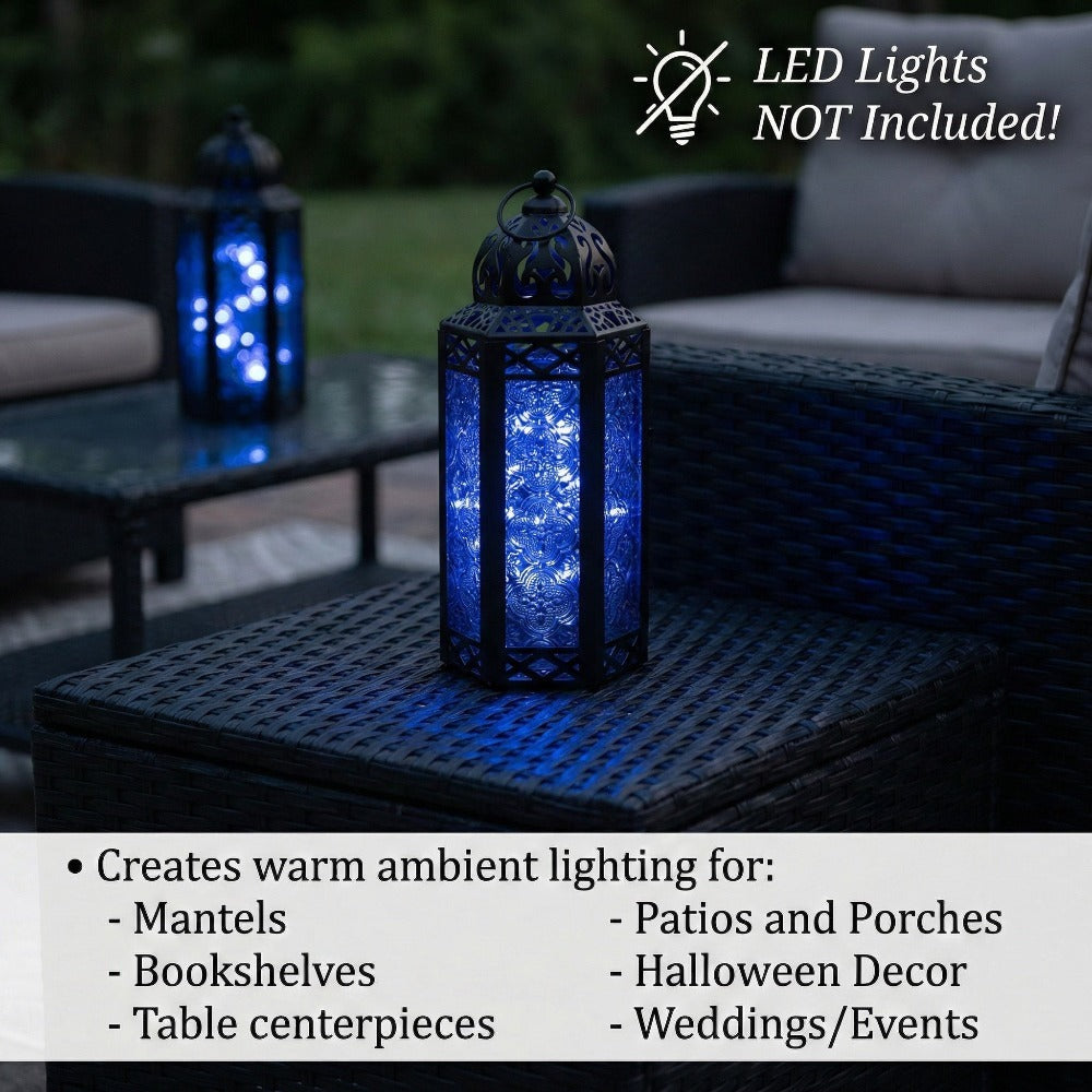 Moroccan Candle Lantern Holder - Decorative Metal & Glass Lantern with Embossed Floral Design for Indoor Home Decor, Garden, Patio, Weddings, Ramadan, Halloween & Holiday Celebrations - 10.5" Tall Medium Size