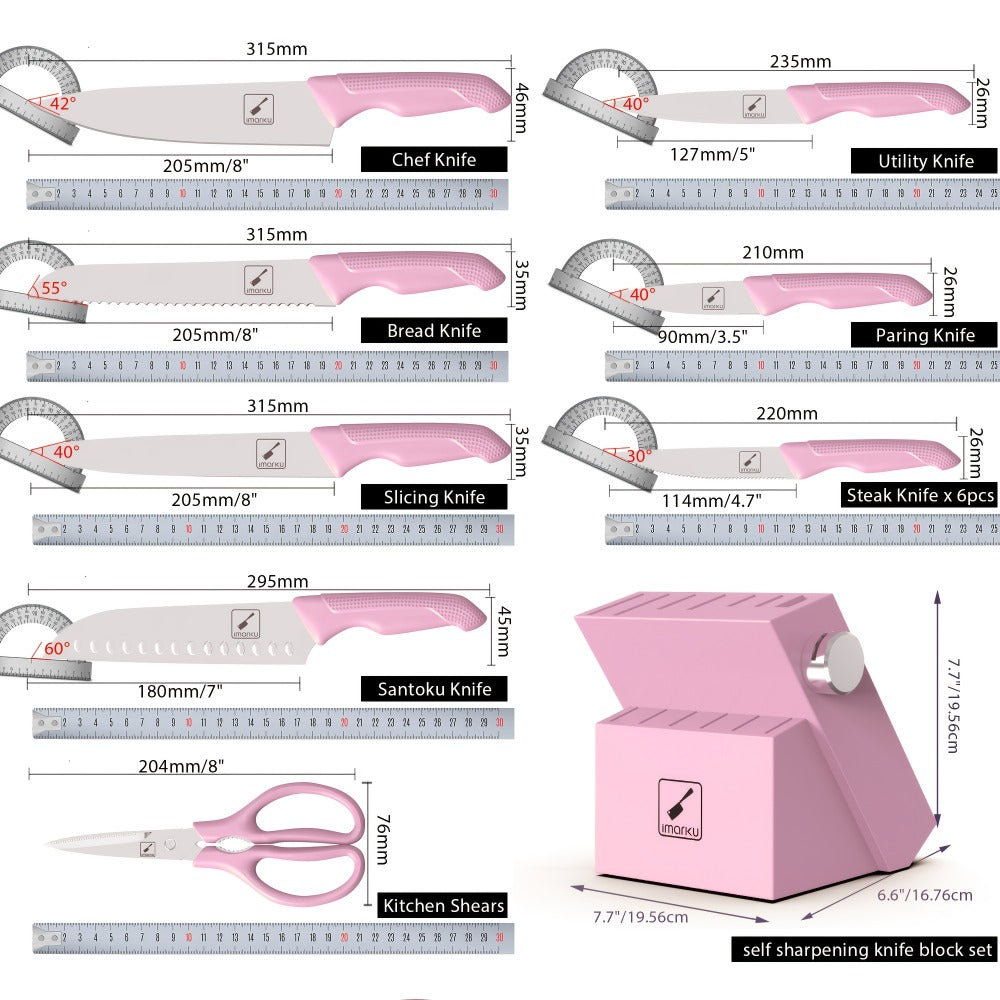 Knife Block Set 14 Piece Pink – Japanese Stainless Steel Kitchen Knife Set with Built-in Sharpener, Non-Slip Ergonomic Handles, Dishwasher Safe, Perfect Holiday & Housewarming Gift for Women