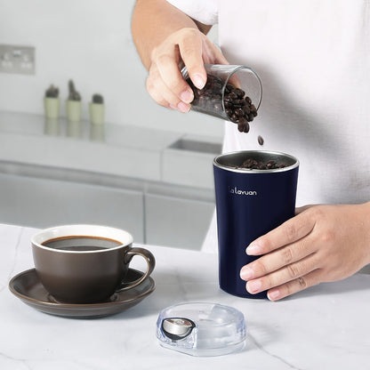 Electric Coffee Grinder 200W | Quiet Spice Grinder | 80g Large Capacity 12 Cups | 304 Stainless Steel Blade | One-Touch Operation | Grinds Coffee Beans Spices Nuts Grain | Blue Black