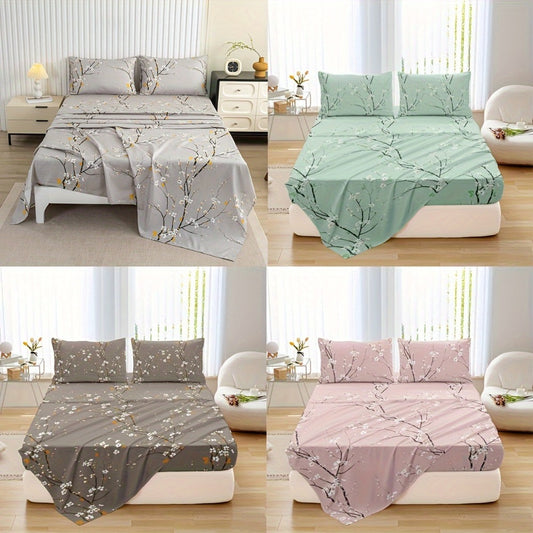 Fitted Sheet Set 4-Piece Plum Blossom Floral Print | Deep Pocket 15" Bed Sheets Twin Full Queen King | Soft Polyester Bedding Set with 2 Pillowcases, All-Season Machine Washable
