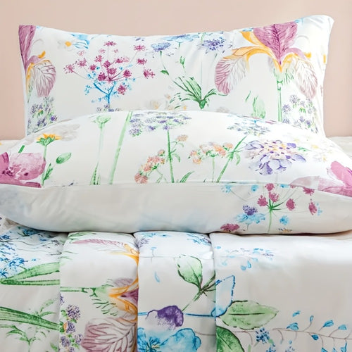 Floral Bedding Set 4-Piece – 1 Fitted Sheet + 1 Flat Sheet + 2 Pillowcases | Soft Breathable Polyester | All-Season Flower Print Bed Sheet Set | Machine Washable | Twin Full Queen King