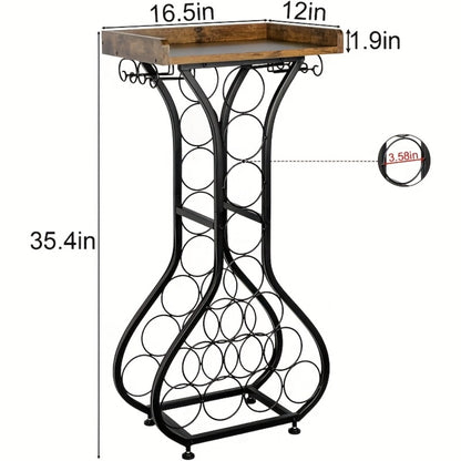 Freestanding Wine Rack Floor 14 Bottles Mini Bar Table Stand Liquor Cabinet with Glass Holder Wood Tabletop Wine Storage for Home Bar Kitchen Living Room Black