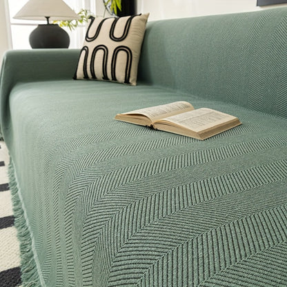 Herringbone Sofa Throw Cover with Tassels Jacquard Woven Solid Color Washable Polyester Sofa Blanket Slipcover for 3 4 Seater Couch Living Room - Grey Coffee Green Blue