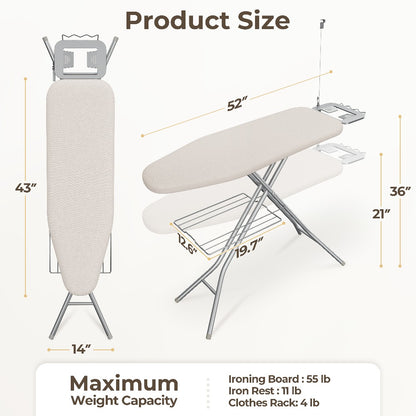 Ironing Board Full Size Foldable Height Adjustable with Clothes Rack Cord Holder 4-Layer Pad Heavy Duty Steel Legs for Laundry Room Living Room Dorm