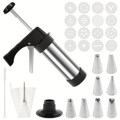 Cookie Press Kit Stainless Steel - 16 Cookie Discs & 8 Icing Tips, Biscuit Press Maker for Christmas Holiday Baking, Cake Dessert Decorating Tool Set with Cleaning Brush