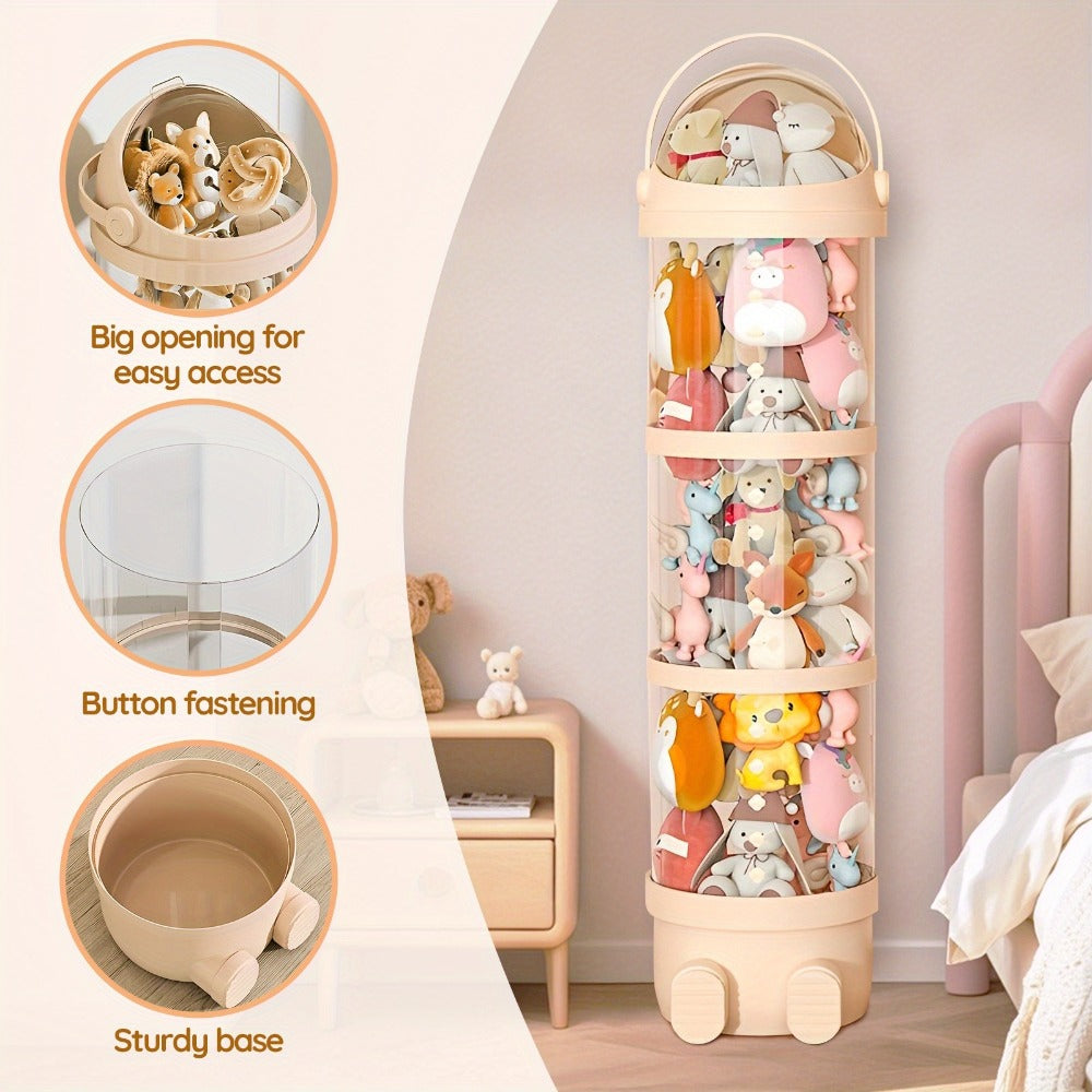 Stackable Round Stuffed Animal Storage Box with Lid – 3-Tier Plastic Plush Toy Organizer with Layered Storage for Dolls Toys & Miscellaneous Items – Kids Room Decor