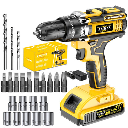 Cordless Impact Drill Set 21V – Electric Power Drill with 2.0Ah Battery, Fast Charger, Screwdriver Bits, Work Light, Variable Speed & Torque Control for Home & Car Repair, Men's Gift