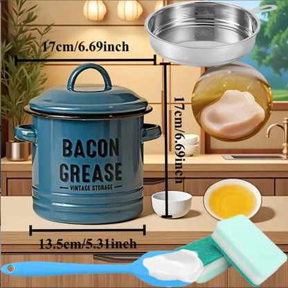 Bacon Grease Container with Lid, Large Capacity Grease Storage Can with Heat-Resistant Filter, Silicone Spatula & Cleaning Sponge Set, Flip-Top Oil Holder for Kitchen Household Use