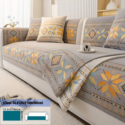 Chenille Sofa Slipcover 1pc Boho Vintage Style - Luxury Non-Slip Removable Four Seasons Universal Couch Cover | Armrest 1 2 3 4 Seater | Dark Gray Light Gray Blue | Living Room Home Decor