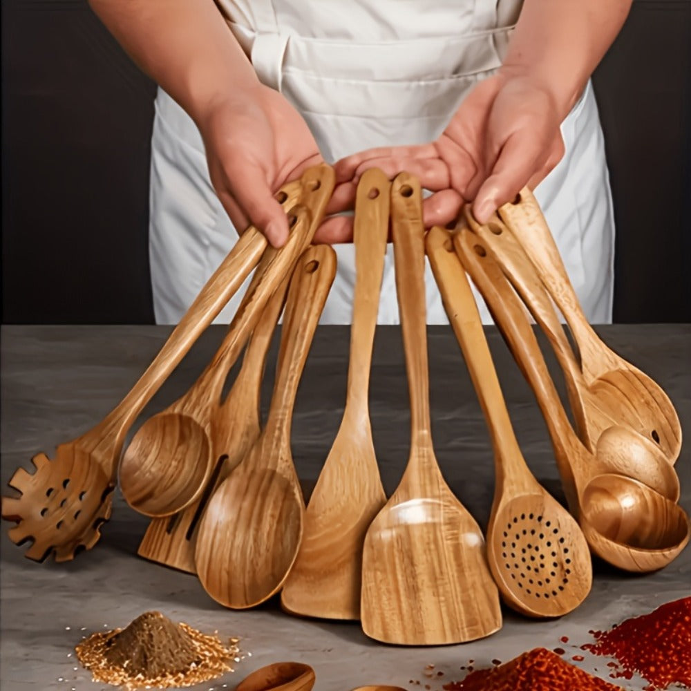Wooden Kitchen Utensils Set – Natural Wood Spoon Spatula & Wok Spatula with Ergonomic Handle, Heat-Resistant Non-Stick Safe Cooking Tools, Easy to Clean Durable Kitchen Essentials (5 / 6 / 10 Piece Sets)