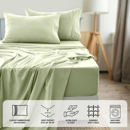 Fitted Sheet Set 6-Piece Brushed Polyester Deep Pocket Bed Sheets 20 Colors Hotel Luxury Soft Bedding with Embroidered Pillowcases