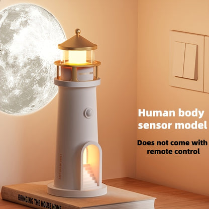 Moon Lighthouse Projector Night Light – Motion Sensor LED Lamp with USB Charging, Always-On Mode, Moonlight Ocean Projection, Decorative Ambient Light & Unique Gift for Home Bedroom Decor