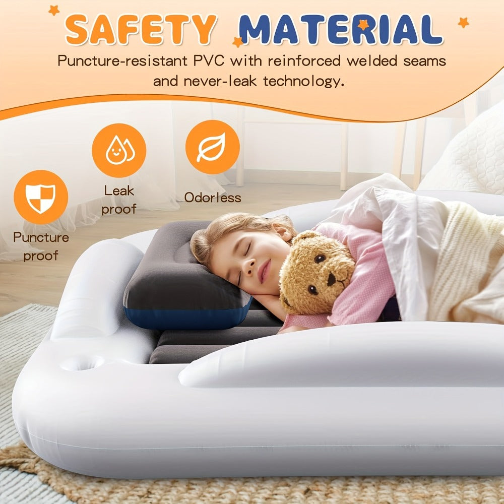 Kids Inflatable Travel Bed – Portable Children Air Mattress with Fast Inflation, Separate Mattress Design, for Home Camping Vacation Grandma's, Ages 3-10, Blue Grey