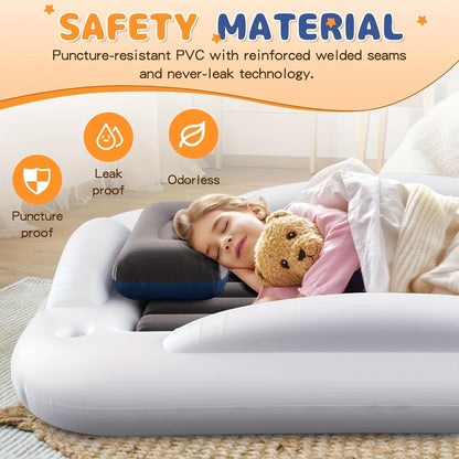 Kids Inflatable Travel Bed – Portable Children Air Mattress with Fast Inflation, Separate Mattress Design, for Home Camping Vacation Grandma's, Ages 3-10, Blue Grey