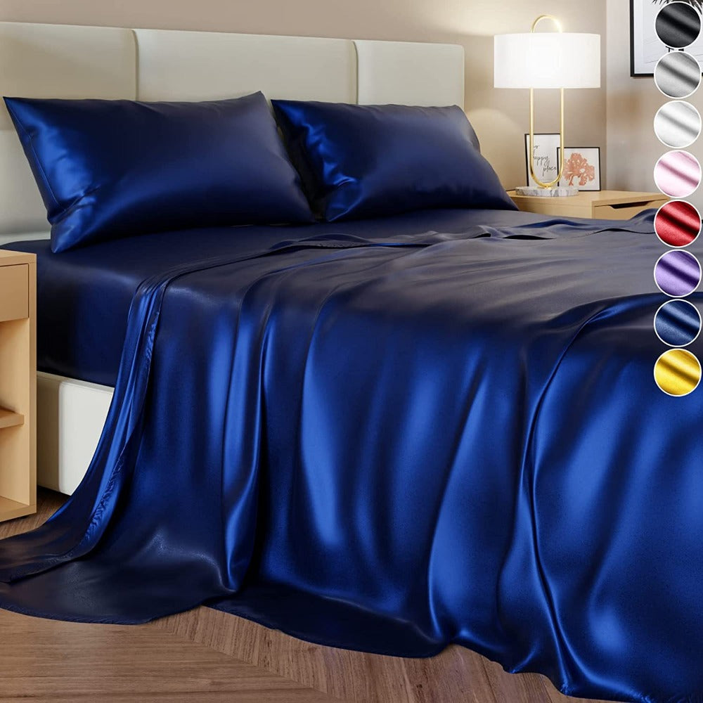 Satin Bed Sheet Set 4 Pcs – Luxury Silky Smooth Hotel-Quality Bedding, Wrinkle-Free Deep Pocket Fitted Sheet, All-Season Elegant Satin Sheets – Twin, Full, Queen & King, Multiple Colors