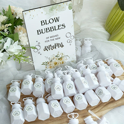 Wedding Bubble Bottle Party Favor Set 50 Mini Bottles with Wooden Sign & Stickers – Liquid-Free for Weddings Birthdays Showers