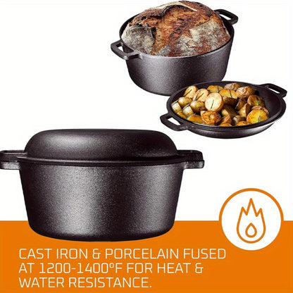 Cast Iron Dutch Oven Set – 6.1QT Deep Pot + 1.9QT Frying Pot, 2-in-1 Cookware with Silicone Handles, Iron Frame & Scraper, Oven, Stovetop, Induction & BBQ Compatible, 6-Pack Bundle