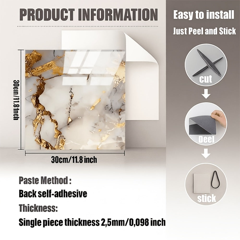 Self-Adhesive Marble Tile Stickers 11.8x11.8in Peel and Stick Wall Tiles for Bathroom Kitchen Backsplash – Waterproof 3D Glossy Imitation Marble Wall Panel, Easy to Install, 50 or 100 Pack