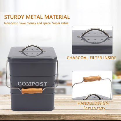 Kitchen Compost Bin 1 Gallon with Charcoal Filter & Wooden Handle, Odor-Free Indoor Countertop Food Waste Bin, Metal Compost Bucket for Home Kitchen, Available in Black, White, Gray, Green