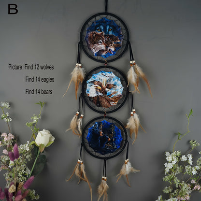 Dream Catcher Wall Decor Wolf Design Boho Bedroom Hanging Decoration – 6 Inch 3-Circle Feather Dream Catcher for Boys Kids Room, Nursery, Halloween, Christmas & Holiday Gift