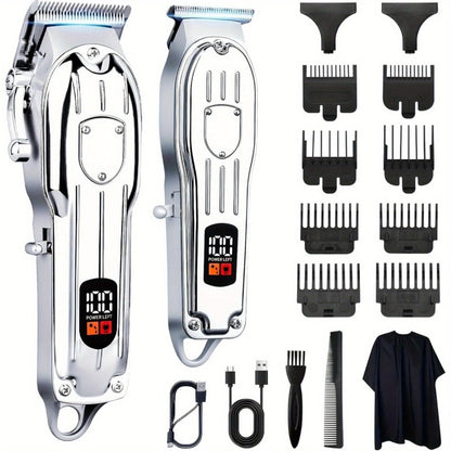Hair Clipper Set for Men - Professional Cordless Rechargeable Hair Trimmer with LCD Display, Metal Body, Home Haircut Kit, 1 or 2 Piece Set, Father's Day & Birthday Gift for Men