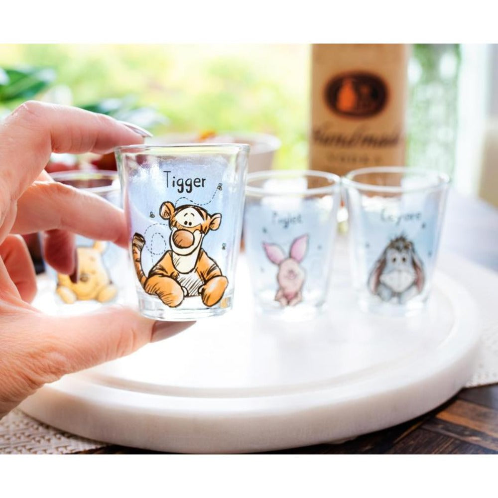 Winnie the Pooh Mini Shot Glasses Set of 4 – Disney Character 2oz Glass Cups Pooh Piglet Eeyore Tigger BPA-Free Dishwasher Safe Gift