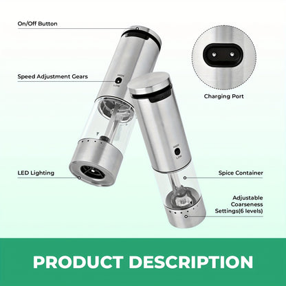 Electric Pepper Grinder Set USB-C Rechargeable with LED Light Ceramic Core Adjustable Coarseness One-Hand Automatic Salt Pepper Mill Kitchen Gift for Home Cooking Camping BBQ
