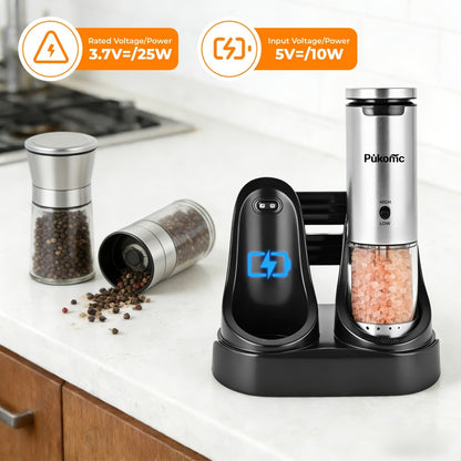 Electric Pepper Grinder Set of 2, Rechargeable with Charging Base, 6 Adjustable Coarseness Settings, Built-in LED Light & ABS Motor — Salt & Pepper Mill for Peppercorns & Spices, Brush Included