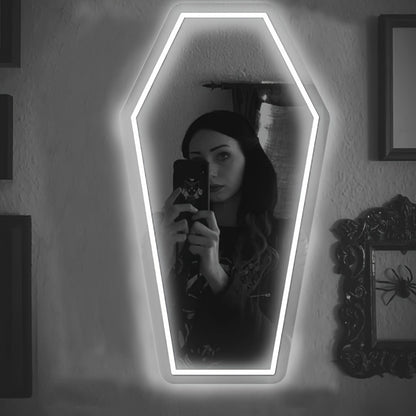 Gothic Coffin Shaped Neon Wall Mirror USB Powered LED Neon Light Mirror Irregular Decorative Art Mirror for Dark Gothic Aesthetic Bedroom Wall Decor Halloween Gift Cold White