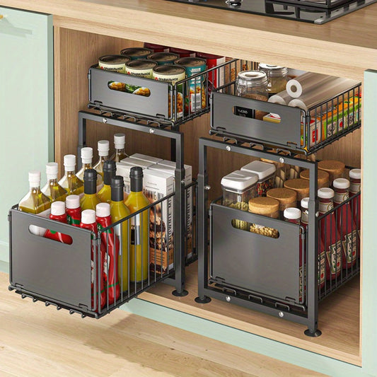 Under Sink Organizer 2-Tier Slide Out – Heavy Duty Metal Cabinet Shelf, Adjustable Space-Saving Storage Rack for Kitchen & Bathroom Cabinets, Pull Out Drawer Organizer