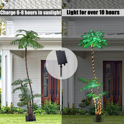 Solar Powered Artificial Palm Tree 7ft Triple Trunk 260 LED Lights 8 Modes Dimmable Timer 2200mAh Battery Metal Base Outdoor Indoor Decor Tiki Bar Patio Beach Garden Christmas Halloween Party
