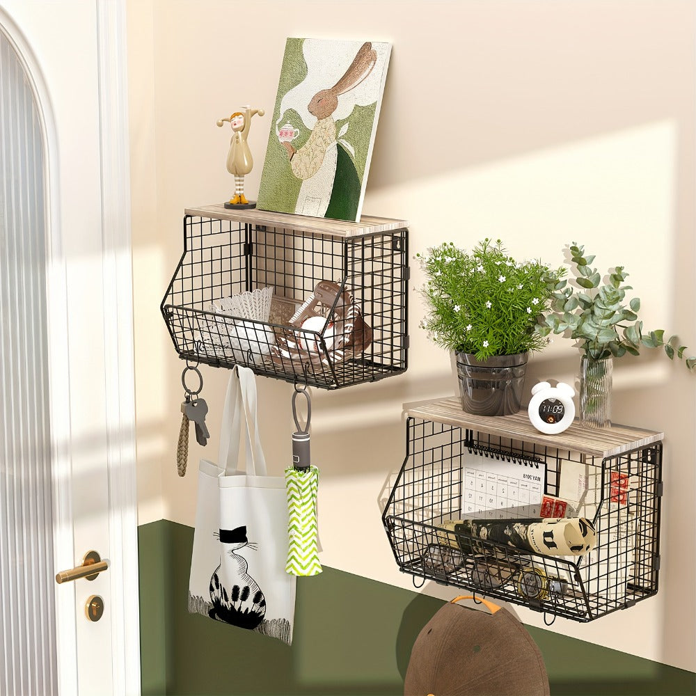 Stackable Metal Wire Fruit Basket with Lid – 1 or 2-Tier Hanging Kitchen Pantry Storage Bin, Wall-Mounted or Countertop Vegetable Organizer for Potato, Onion & Produce, Black