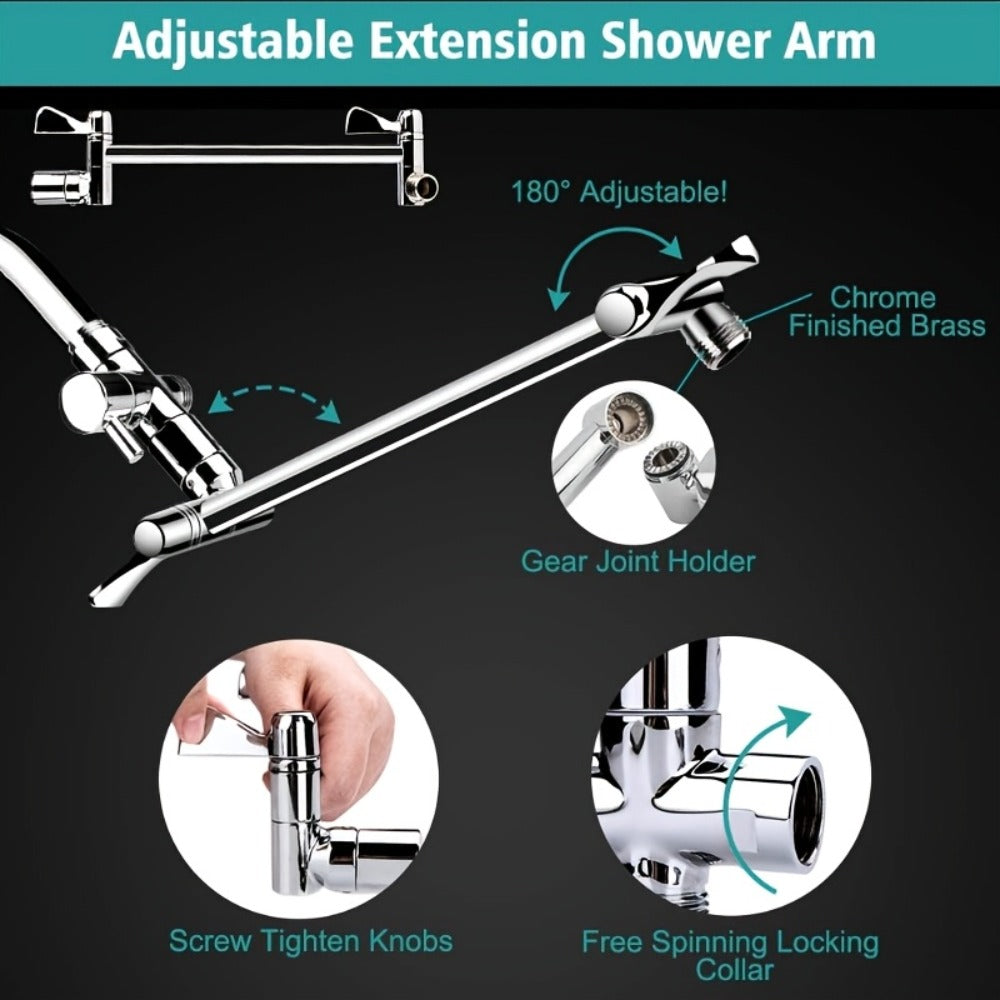 Rainfall Handheld Shower Combo 9-Setting – High Pressure 11" Extension Arm Leak-Proof Wall Mount 8 10 12 Inch Chrome Black