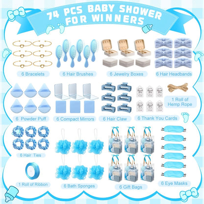 Party Favor Gift Set 74pcs – Headbands, Hair Brushes, Bracelets, Mirrors, Powder Puffs, Hair Ties, Clips, Bath Sponges & Jewelry Boxes with Gift Bags for Bridal Shower, Wedding, Christmas & Events (Pink/Blue)