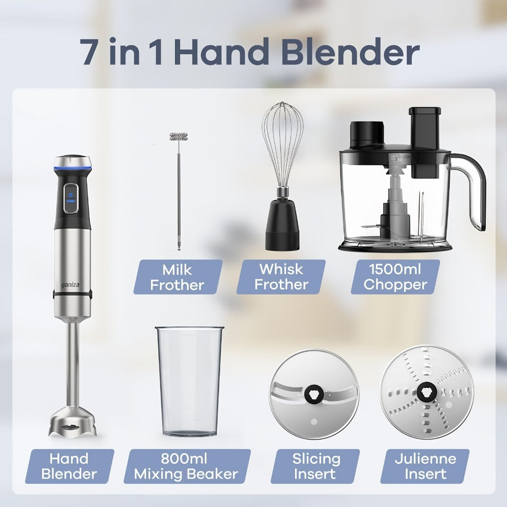 Immersion Blender 7-in-1 Hand Blender, 15-Speed & Turbo Mode, Stainless Steel Stick Blender with 50oz Food Processor, Whisk, Milk Frother & 4 More Attachments – Complete Kitchen Blending Set