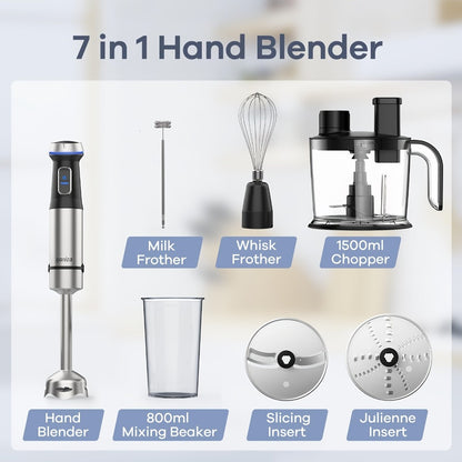 Immersion Blender 7-in-1 Hand Blender, 15-Speed & Turbo Mode, Stainless Steel Stick Blender with 50oz Food Processor, Whisk, Milk Frother & 4 More Attachments – Complete Kitchen Blending Set