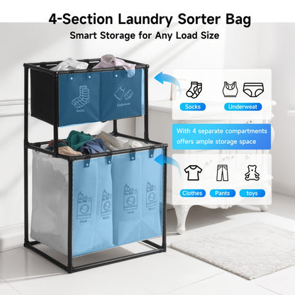 Laundry Sorter 2-Tier with Removable Bins - Collapsible Clothes Hamper Oxford Fabric Double Laundry Basket for Bedroom Bathroom Kids Adults Dorm Travel with 10 Cable Ties