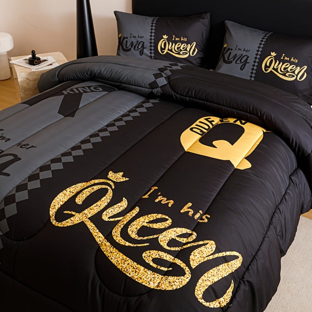 Comforter Set 3-Piece – Soft Breathable Quilt with 2 Pillowcases, Black Grey Color Block Crown Letter Print, Twin Full Queen King, 180GSM Bedroom Bedding Set