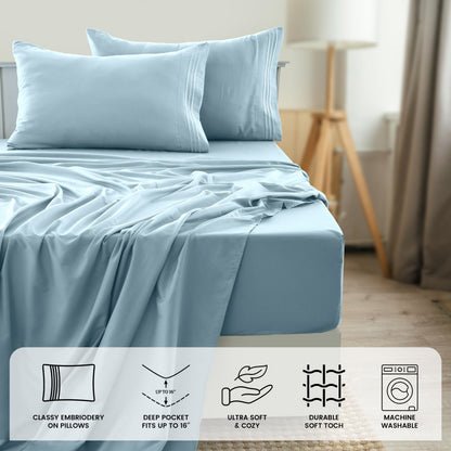 Fitted Sheet Set 6-Piece Brushed Polyester Deep Pocket Bed Sheets 20 Colors Hotel Luxury Soft Bedding with Embroidered Pillowcases