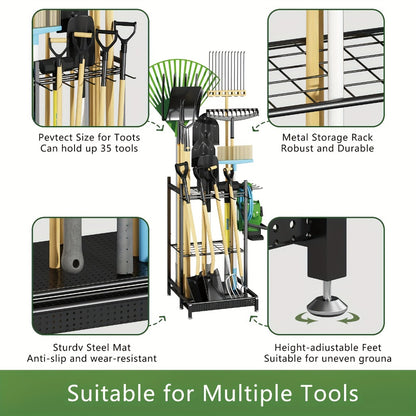 Garden Tool Organizer for Garage – Metal Yard Tool Storage Rack with Hooks & Wheels for Long-Handled Tools, Broom, Shovel, Rake, Mop – Heavy Duty Freestanding Tool Stand Holder, Black
