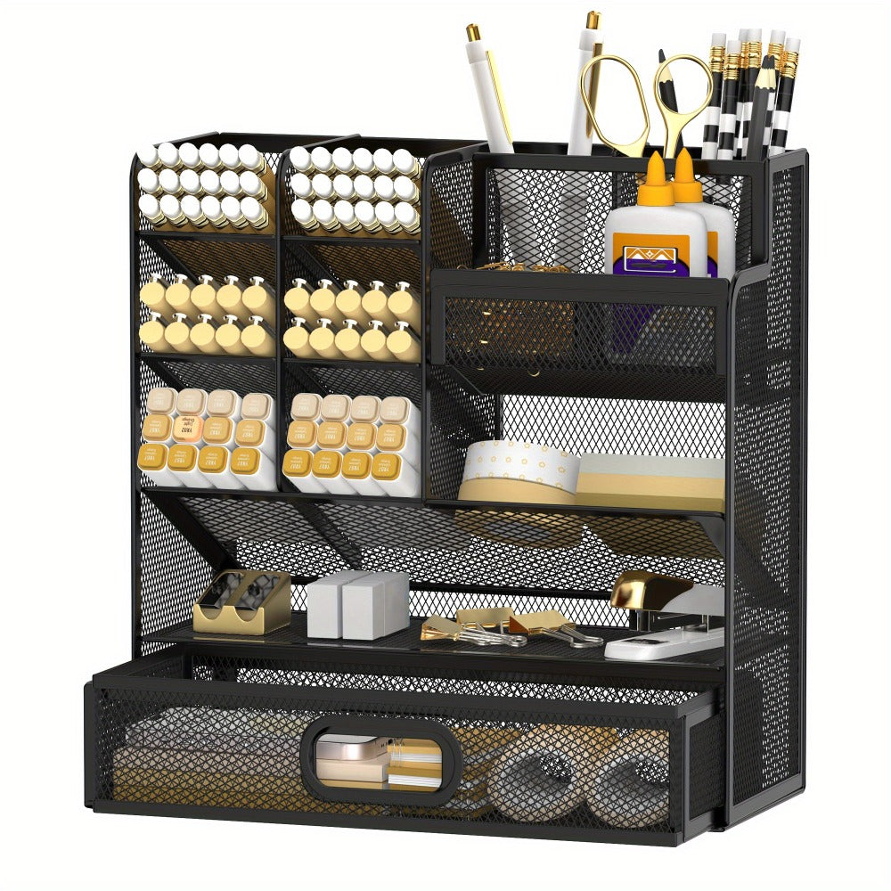 Mesh Desk Organizer with Drawer – Multifunctional Desktop Pen Holder & Office Supply Organizer for Home Office, School & Art Studio – Pencil Cup Caddy with Storage Compartments, Multiple Colors Available