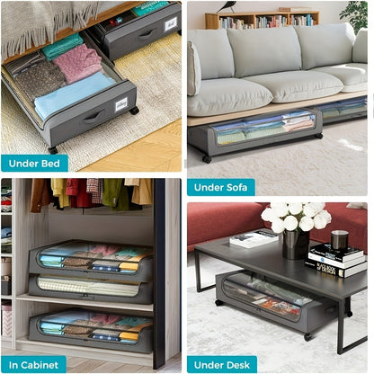 Under Bed Storage Containers with Wheels - Foldable Closet Organizer Bins with Label Holder for Clothing Blankets Shoes Comforter Pillows Bedding