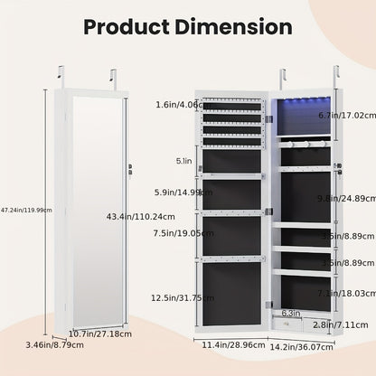 Jewelry Armoire Floor Standing 47.2" Full-Length Mirror Cabinet with 6 LED Lights Dual Lock, Jewelry Organizer for Necklaces Earrings Rings Bracelets, Bedroom Closet Storage 4 Colors