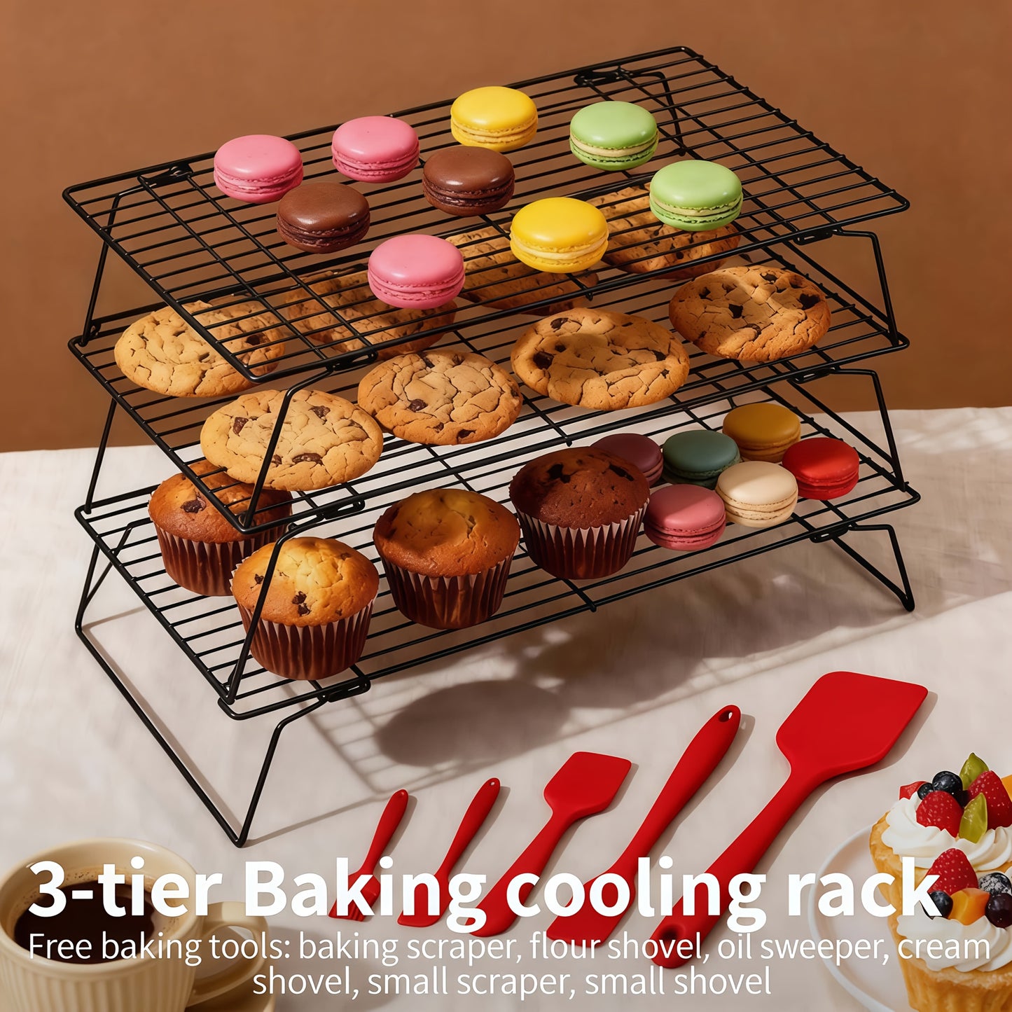 Foldable Cooling Rack Set – Stackable Oven Cookie Cake Drying Rack with Free Baking Tools (Silicone Spatula, Egg Beater, Tongs, Brush) | 3/4/5 Tier Options for Kitchen, Camping & Holiday Baking