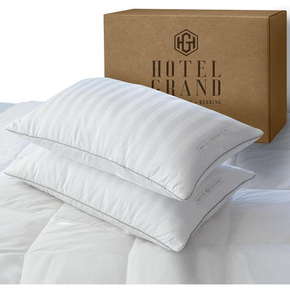 Hotel Collection Feather Down Bed Pillows Set of 2 – 500 Thread Count 100% Cotton, Soft Hypoallergenic Queen King Standard Size Back Side Sleeper Pillow 2 Pack