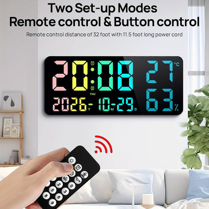 Digital Wall Clock 14.6 Inch Large LED Display with Remote Control - 12 RGB Color Modes, Dual Alarm, Night Light, Temperature, Humidity & Date | Smart Home Decor for Living Room, Bedroom & Elderly