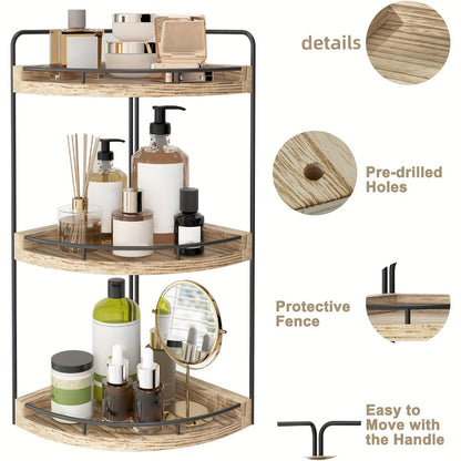 3-Layer Rustic Corner Countertop Storage Rack – 16.93" Wooden Vanity Organizer & Space-Saving Shelf for Bathroom, Kitchen & Bedroom – Farmhouse Corner Shelf for Countertop Display & Organization