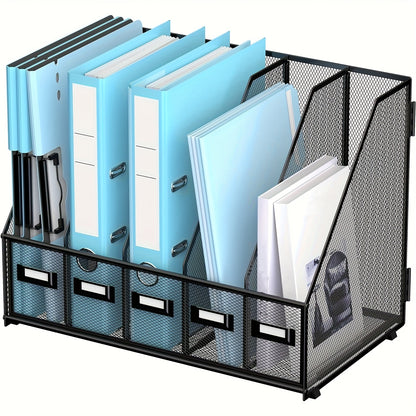 Metal Desk File Organizer 5 Vertical Compartments Magazine Holder Desktop File Rack for Office Home Workspace Document Sorter Letter Tray Paper Storage
