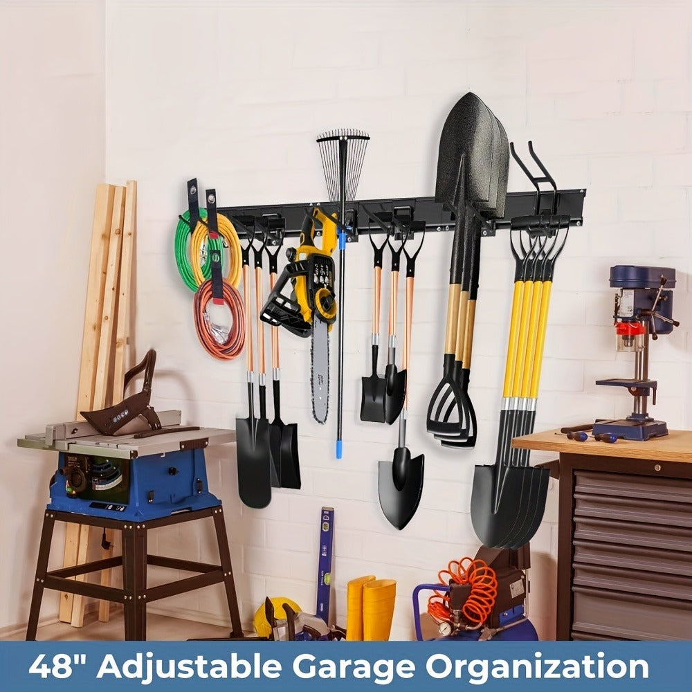 Garage Tool Organizer Wall Mount 48" – Heavy Duty Pegboard with Adjustable Swivel Hooks, 1 Double Hook & 5 Straight Hooks, Holds 420lbs, Broom Holder for Yard Tools, Shovels, Hoses & Garden Equipment