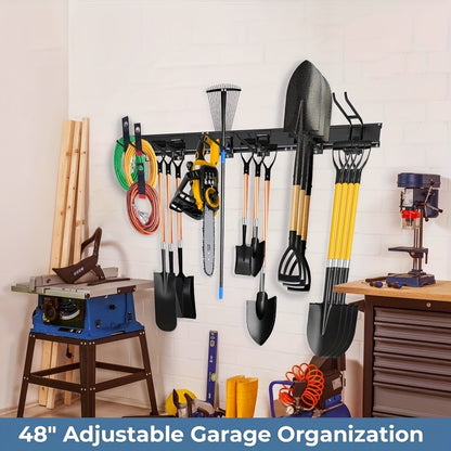Garage Tool Organizer Wall Mount 48" – Heavy Duty Pegboard with Adjustable Swivel Hooks, 1 Double Hook & 5 Straight Hooks, Holds 420lbs, Broom Holder for Yard Tools, Shovels, Hoses & Garden Equipment